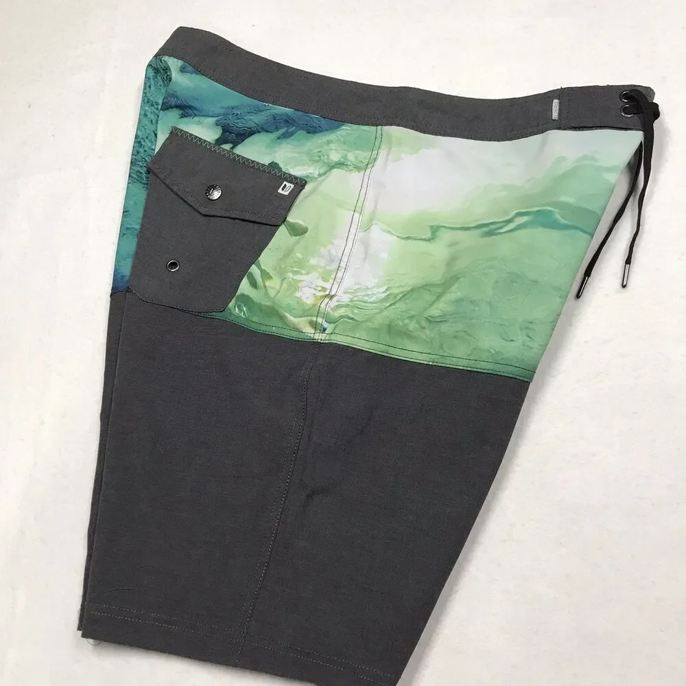 LINKSOUL Swim Board Trunks Men 34 Gray Green Blue Print Unlined Drawstring